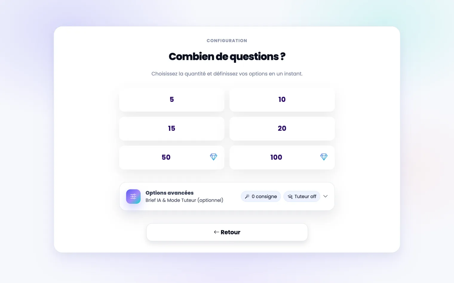 Écran de configuration d'un quiz dans Quizify : nombre de questions