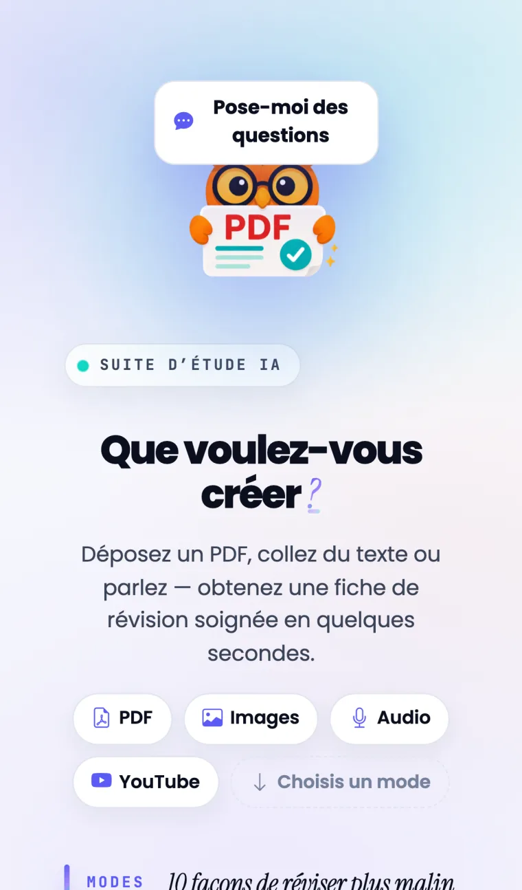 L'application Quizify sur iPhone : écran d'accueil « Que voulez-vous créer ? »
